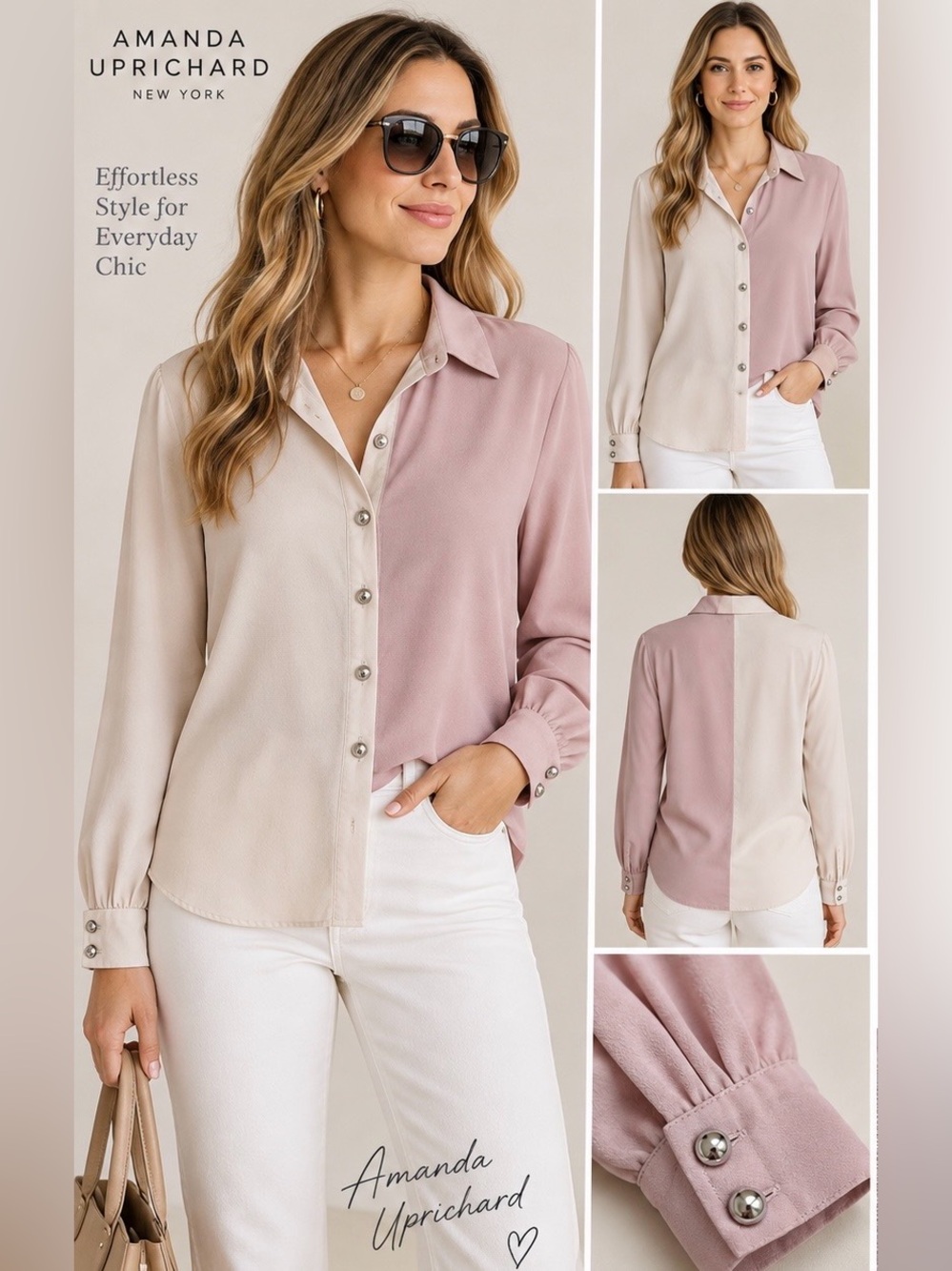 Amanda Uprichard New York Two-Tone 100% Silk Button-Down Blouse – Size M